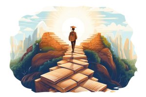 Illustration einer Person, die symbolisch für Persönlichkeitsentwicklung eine Leiter nach oben steigt.