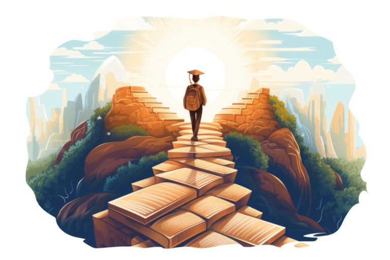 Illustration einer Person, die symbolisch für Persönlichkeitsentwicklung eine Leiter nach oben steigt.