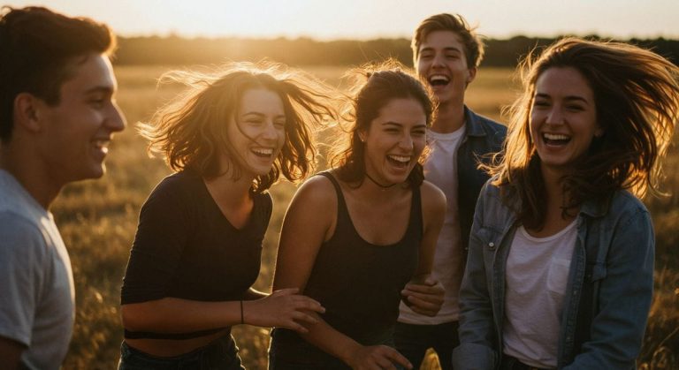 Freunde mit positiver Energie genießen gemeinsame Zeit