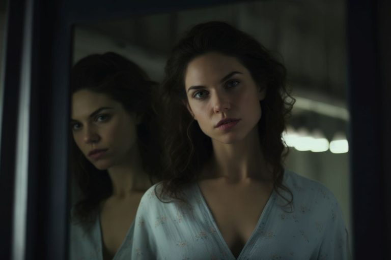 Zwei Personen sehen dieselbe Szene, aber eine sieht sie dunkel und negativ, die andere neutral/hell