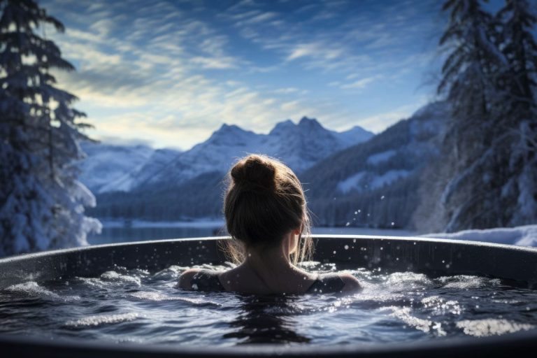 Person beim Kaltwasserschwimmen in einem zugefrorenen See